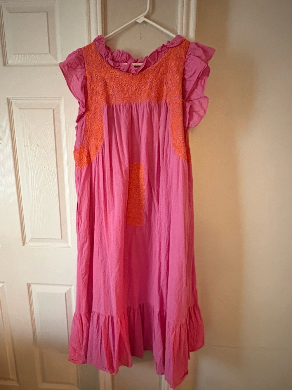 Hot Pink Midi Dress with Orange Embroidery